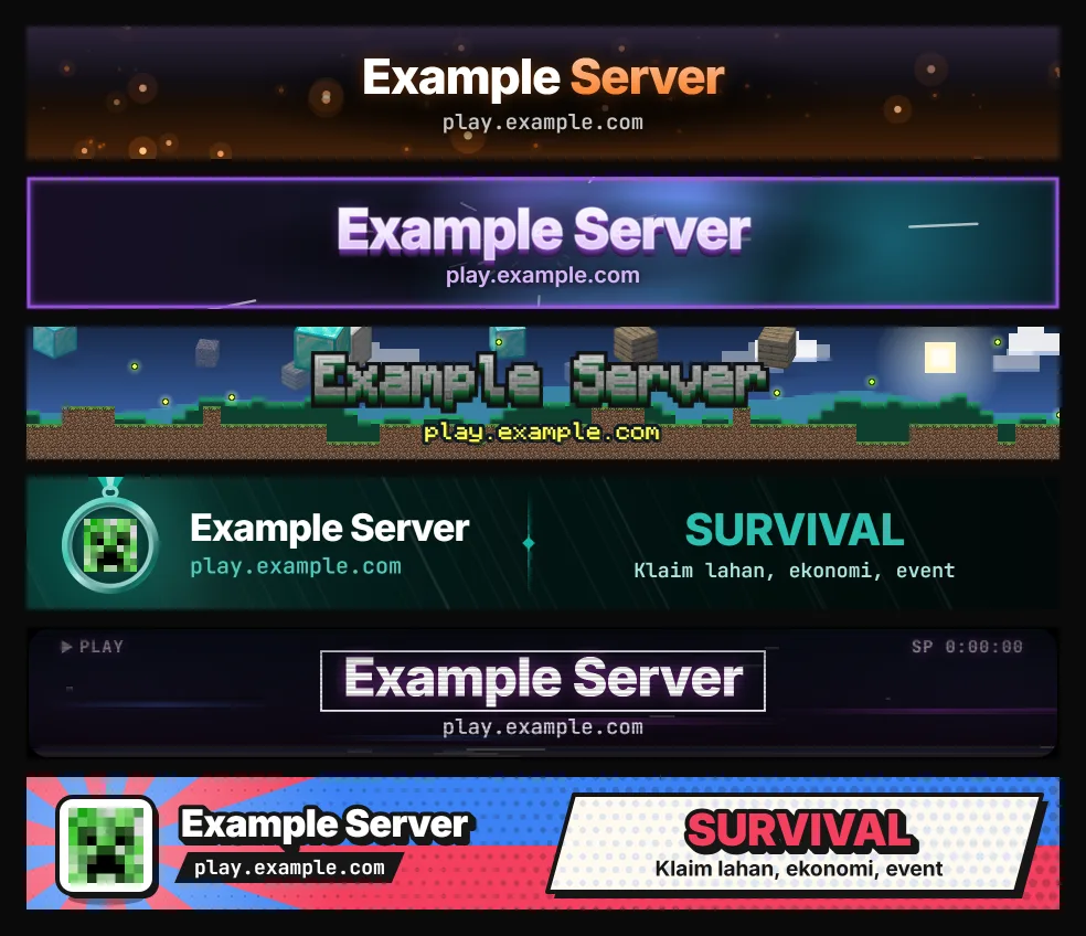 Enam contoh banner Example Server dengan layout berbeda: Sinematik, Plasma 3D, Blok & Item, Medali, Glitch, dan Sinar