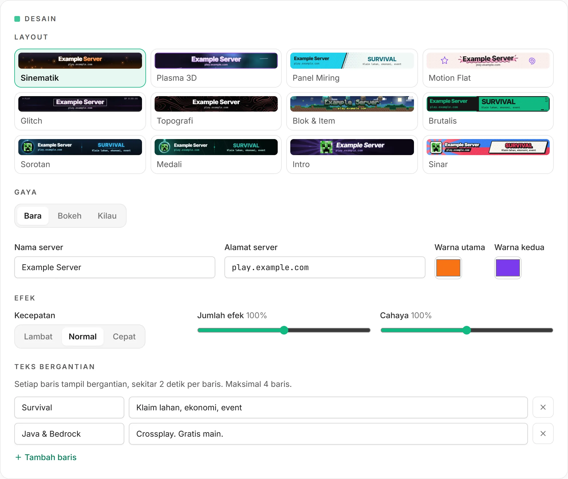 Bagian Desain: pilihan 12 layout, gaya, nama dan alamat server, warna, efek, dan teks bergantian