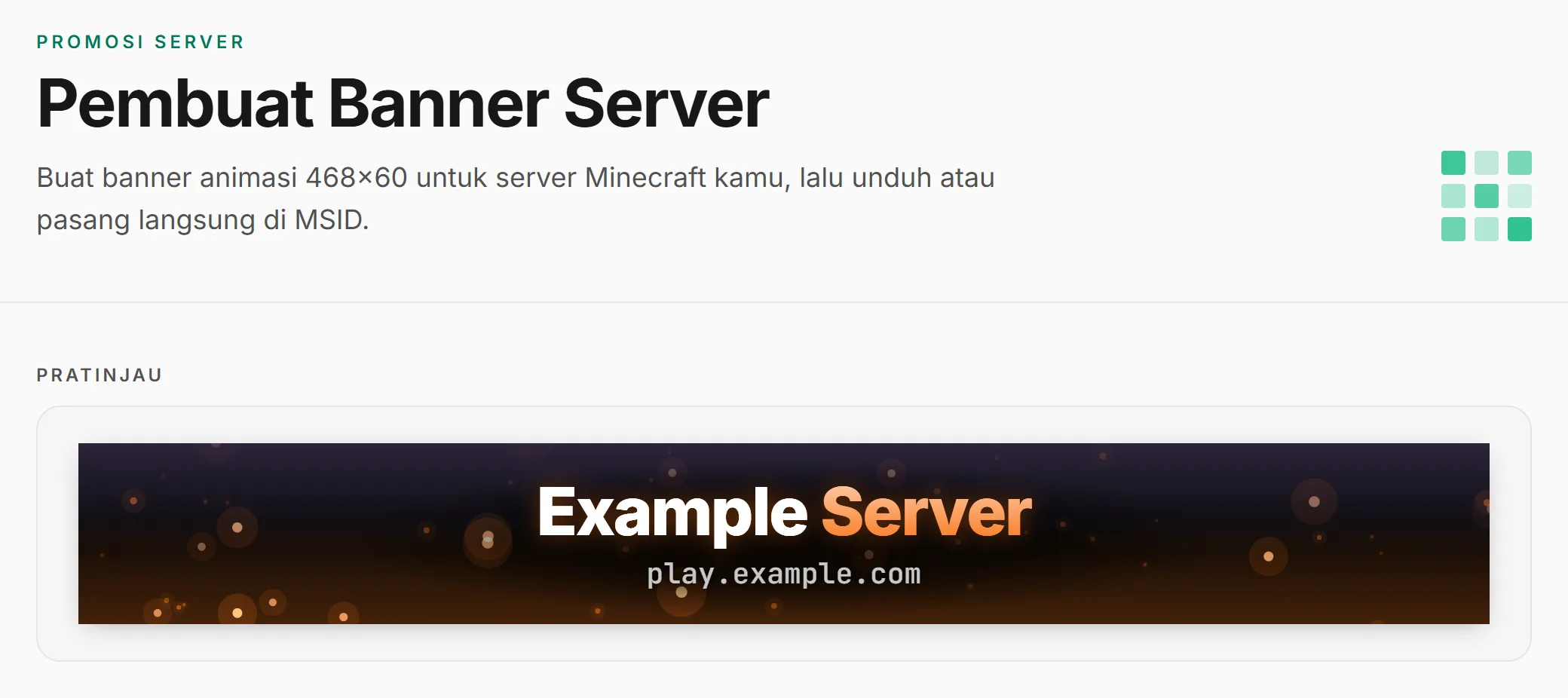 Halaman Pembuat Banner Server dengan pratinjau banner animasi bertuliskan Example Server dan alamat play.example.com