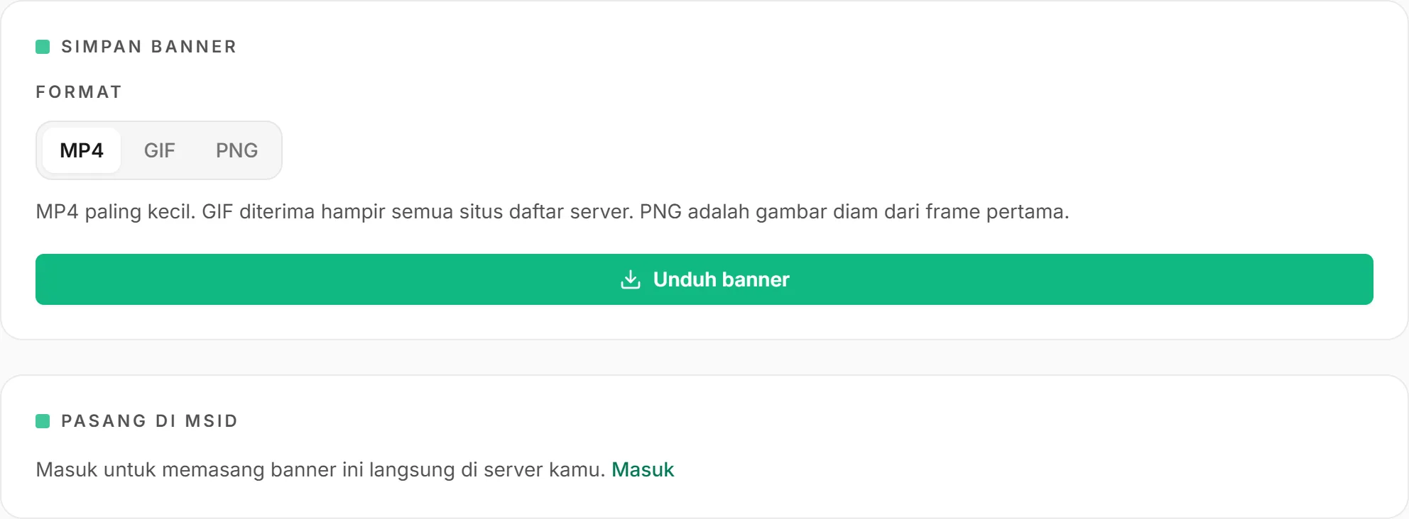 Bagian Simpan banner dengan pilihan format MP4, GIF, dan PNG, tombol Unduh banner, dan bagian Pasang di MSID